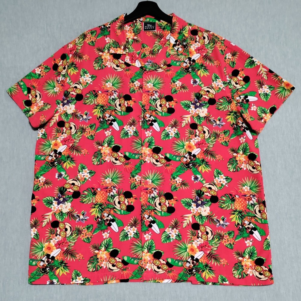 Disney Mickey Mouse Hawaiian Shirt Mens XXL Red Tropical Floral Button Up Aloha - Picture 2 of 12